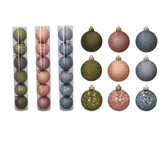 Set de globuri de Crăciun olive, cupru și grafit 6 cm, 6 bucăți
