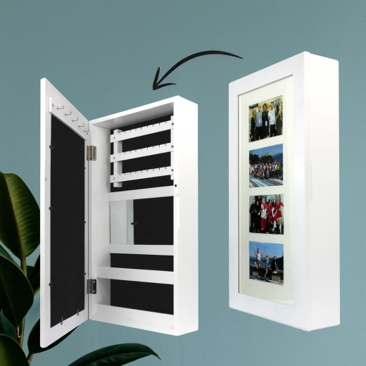 Cutie de bijuterii de perete albă cu oglindă 31 × 10 × 56 cm