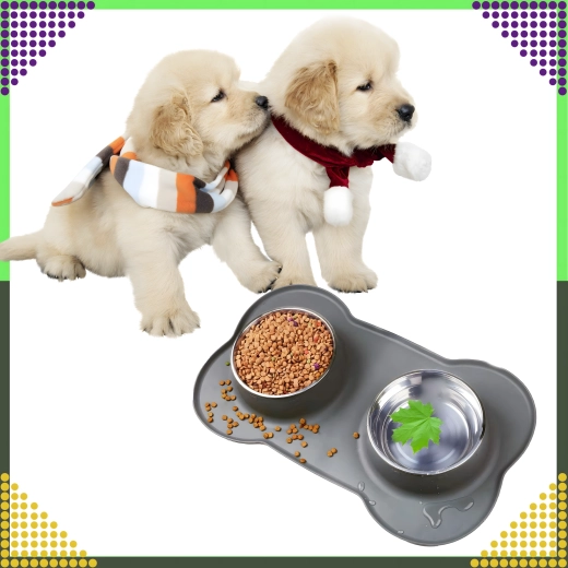 Bol dublu pentru câini și pisici cu covoraș din silicon antiderapant 2 × 450 ml, inox