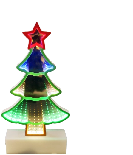 Decorațiune LED 3D de Crăciun în formă de brad, cu efect de oglindă infinită