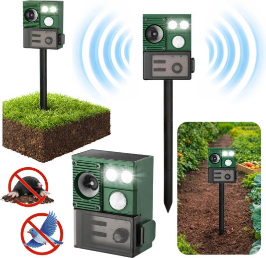 Alungător ultrasonic solar pentru animale cu senzor PIR și LED