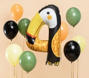 Balon aniversar din folie, cifra 4, tucan, 47 × 80 cm