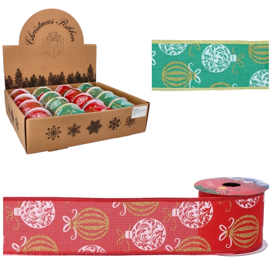 Panglică decorativă de Crăciun din satin 6,3 cm × 2,7 m cu motiv de ornamente