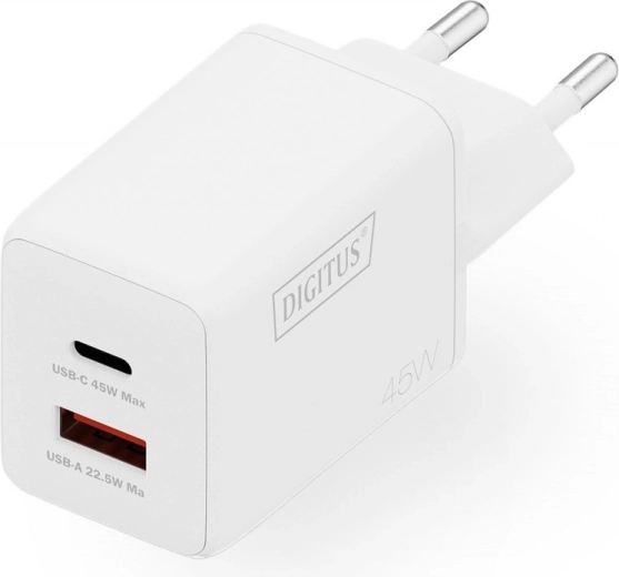 Încărcător de rețea GaN II 45 W, 1× USB‑C și 1× USB‑A, PD 3.0 și QC 3.0, alb