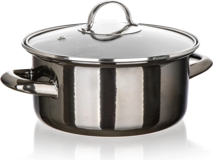 Oală emailată cu capac de sticlă 20 cm, 2 l, Metallic Black