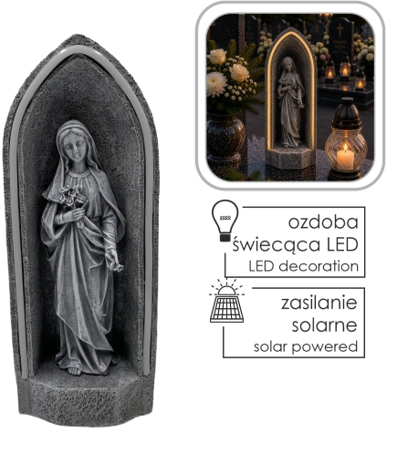 Figurină solară a Fecioarei Maria într-o capelă, cu iluminare LED