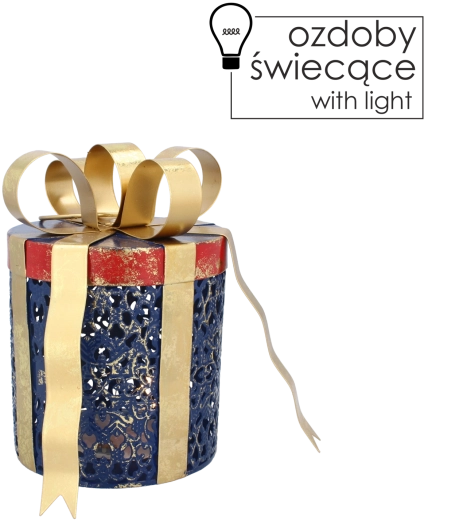 Decorațiune de Crăciun din metal în formă de cadou cu iluminare LED, albastră cu fundă aurie
