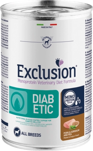 Exclusion Diabetic conservă pentru câini cu carne de porc, sorg și mazăre 400 g