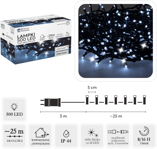 Ghirlandă luminoasă LED cu 500 de diode, lumină albă rece cu efect flash, 25 m