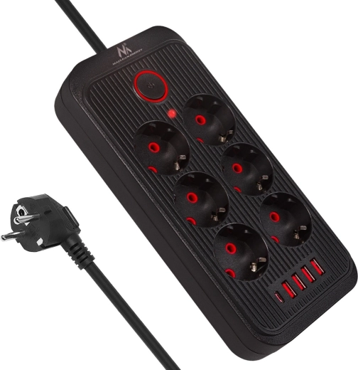 Prelungitor negru cu 6 prize schuko, 4x usb‑a și 1x usb‑c, 2500 w