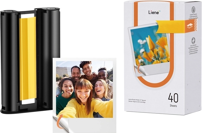 Hârtie foto autoadezivă Liene Amber 3×3" (40 de foi + cartuș)
