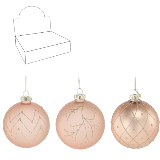 Set de globuri de Crăciun din sticlă, 8 cm, culoare bej, mix de modele (12 buc)