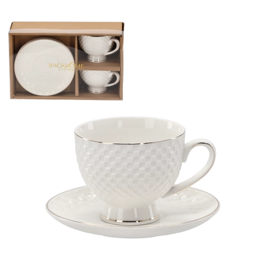 Set de 2 cești reliefate cu farfurioare 250 ml cu bandă decorativă aurie