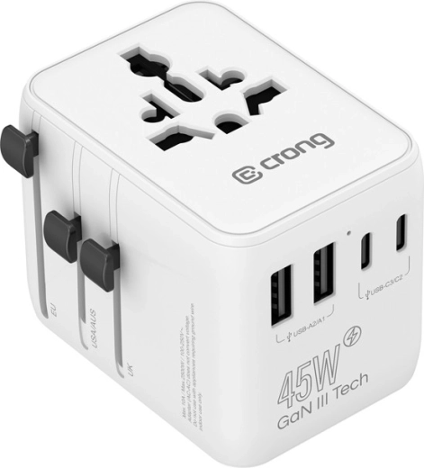 Adaptor de călătorie și încărcător GaN 45 W cu USB-C/USB-A (UK/EU/US/AU), alb - 1 bucată