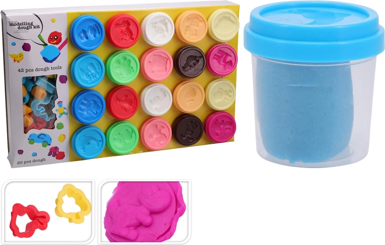 Set de plastilină în pahare, 20 buc (55 g) cu 42 buc accesorii