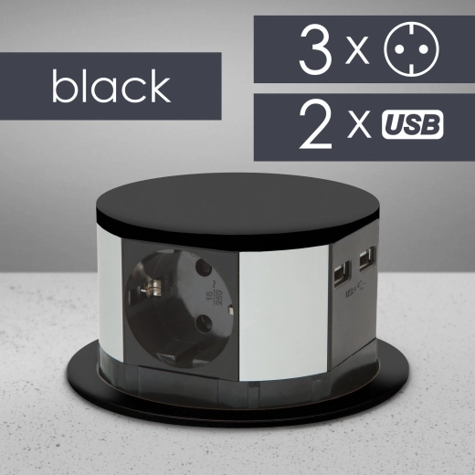 Priză prelungitoare rabatabilă încastrabilă, cu 3 prize, USB-A și USB-C, neagră