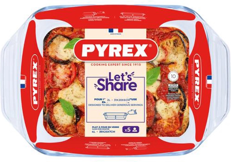 Tavă de copt din sticlă cu mânere Pyrex 39 × 25 cm, 4 l, borosilicat