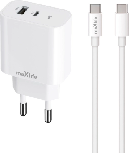 Maxlife MXTC-06-20AC încărcător rapid USB-C + USB-A 20 W cu cablu USB-C/USB-C
