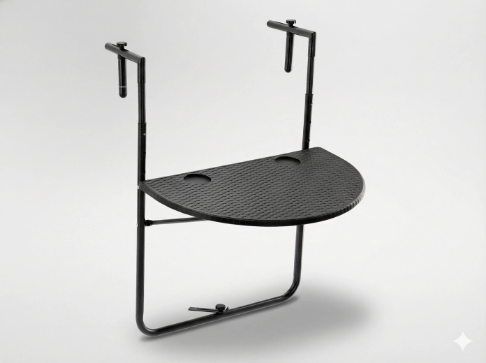 Masă de balcon suspendată pliabilă, semicirculară, aspect ratan negru