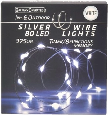 Șir luminos LED pe fir cu temporizator, 80 LED, alb (interior/exterior)