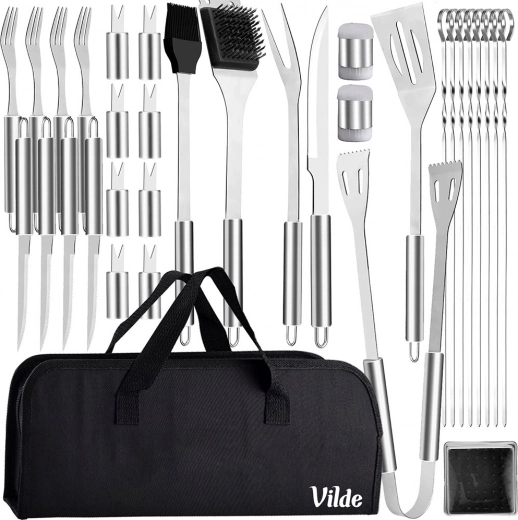 Set de ustensile pentru grătar din oțel inoxidabil cu husă, 33 piese