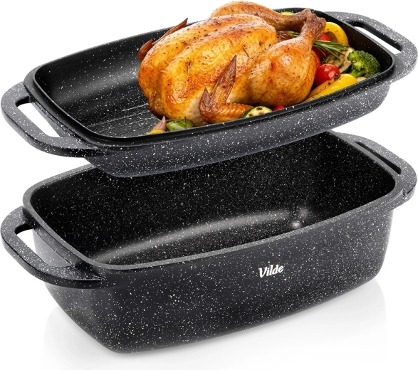 Tavă de copt din granit cu capac 2‑în‑1 GRANITICA 5,5 + 2,5 l, 40 × 22,5 × 16 cm