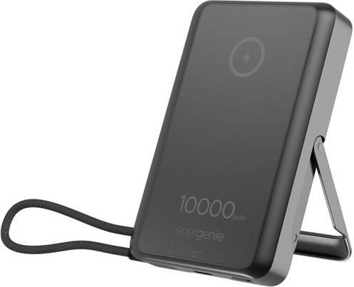 Powerbank magnetică wireless Energenie 10.000 mAh cu suport, neagră