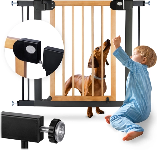 Barieră de siguranță pentru copii NUKIDO, negru-lemn, 76–104 cm