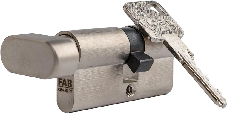 Butuc cilindric de siguranță cu buton FAB 3 HOME 30/35, nichel, 6 chei, clasa 3