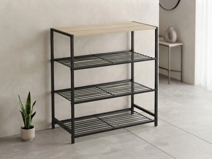 Raft cu 4 niveluri 60 × 30 × 63,5 cm, negru cu blat deschis la culoare