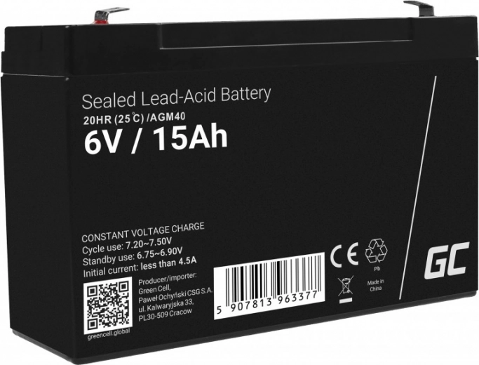 Baterie AGM fără întreținere GREEN CELL 6 V 15 Ah pentru alarme, case de marcat și jucării