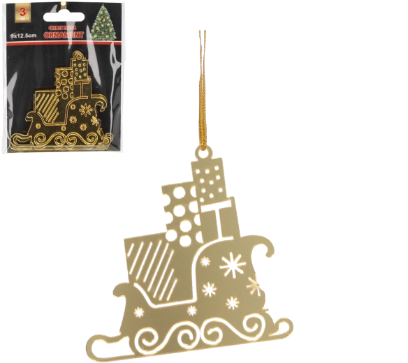 Set de 3 ornamente de Crăciun – săniuțe aurii ale lui Moș Crăciun 8 × 8 cm
