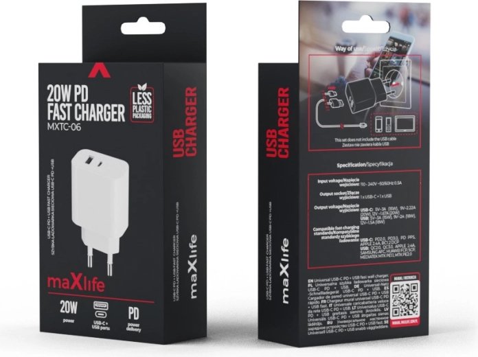 Maxlife încărcător PD/QC 20 W, 1× USB‑C + 1× USB, alb