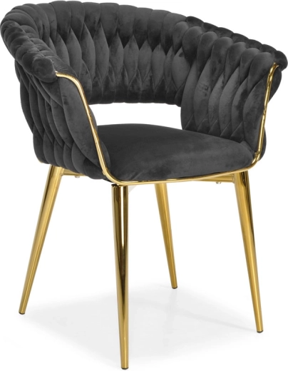 Scaun tapițat din catifea pentru sufragerie și living, negru cu picioare aurii și spătar împletit