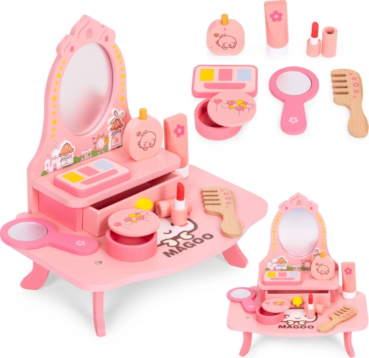 Măsuță de toaletă din lemn pentru copii cu oglindă și sertar, 7 accesorii ECOTOYS