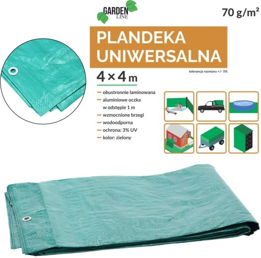 Prelată PE 4 × 4 m, verde, 70 g/m², UV 3 %, laminată pe ambele fețe