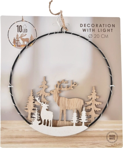 Cerc decorativ suspendat din lemn și metal cu iluminare LED