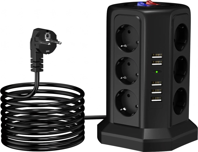 Prelungitor vertical cu protecție la supratensiune, 12 prize + 5 USB, cu reset