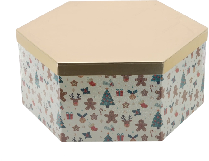 Cutie cadou de Crăciun hexagonală cu capac auriu 36 × 31 × 14 cm - 1 bucată