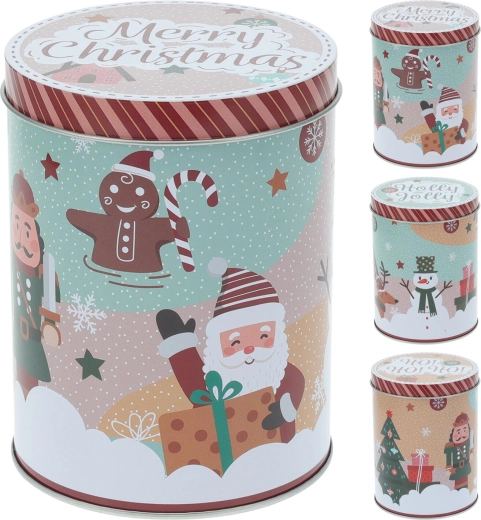 Cutie metalică rotundă de Crăciun 10,5 × 14 cm – mix de decoruri