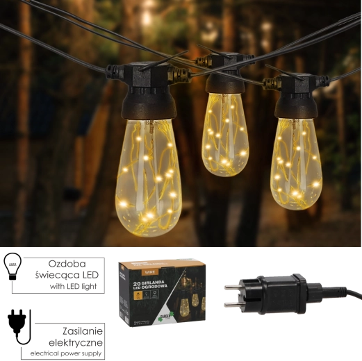 Ghirlandă luminoasă LED pentru grădină, 19 m, 20 LED-uri, alb cald
