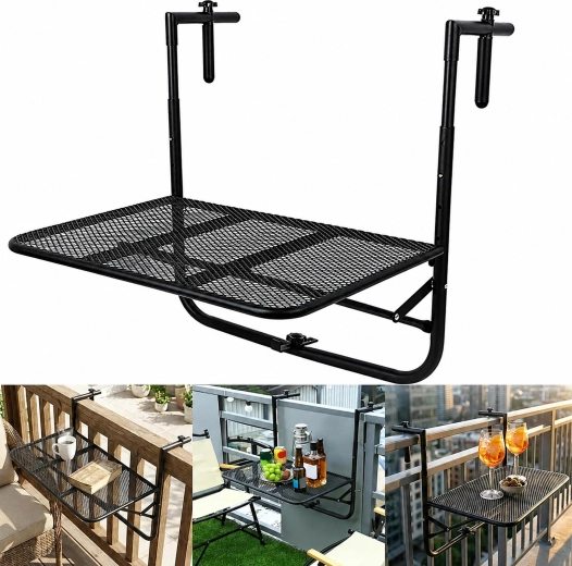 Măsuță de balcon pliabilă, suspendată pe balustradă, reglabilă, capacitate de încărcare 30 kg