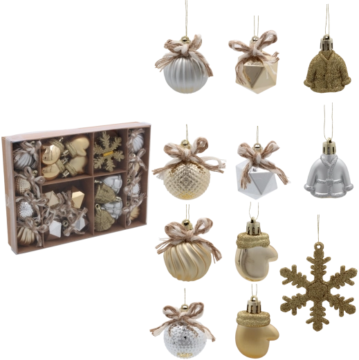 Set de 24 ornamente de Crăciun mix argintiu și șampanie Chomik