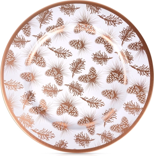 Suport decorativ pentru farfurie 33 cm – alb cu motiv de conuri de brad din cupru