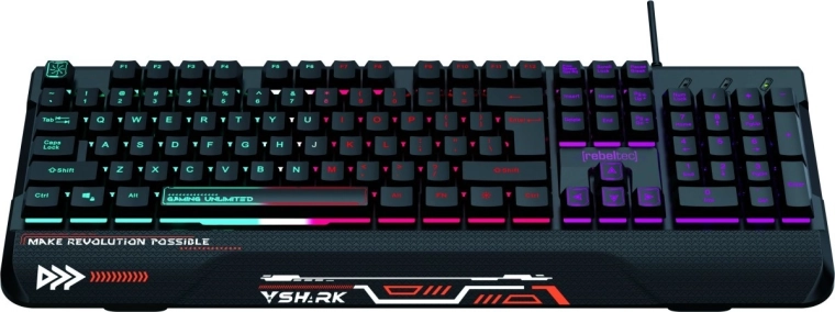 tastatură de gaming completă cu iluminare RGB și suport pentru încheietură REBELTEC SHARK, rezistentă la apă