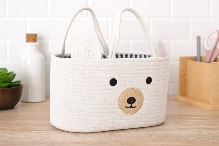 Coș textil alb pentru jucării în formă de ursuleț, cu mânere 35 × 25 × 21 cm