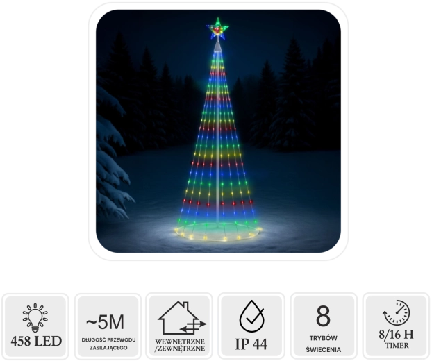 Brad conic de Crăciun cu LED și stea, 3 m, 458 LED, multicolor, pentru utilizare la interior și exterior