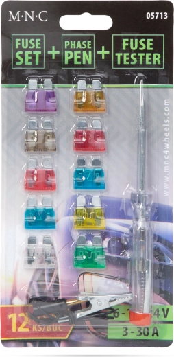 Set de siguranțe auto tip lamelă cu creion de tensiune și tester - 10 bucăți