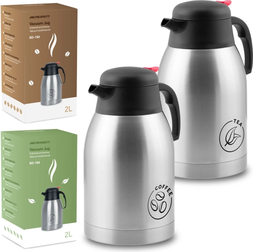 Set de carafe termice cu vid 2 l pentru cafea și ceai BERDSEN BD-780, inox