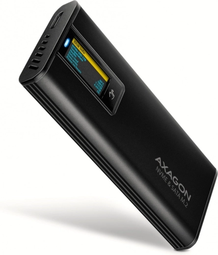 Axagon EEM2-SD2B carcasă externă din aluminiu pentru M.2 NVMe/SATA, USB-C 3.2 Gen 2, afișaj LED, negru
